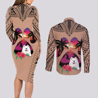 Polynesian Couples Matching Long Sleeve Bodycon Dress and Long Sleeve Button Shirts Dog Lover With Samoyed - Sunset At The Beach Brown Ver LT7 - Polynesian Pride