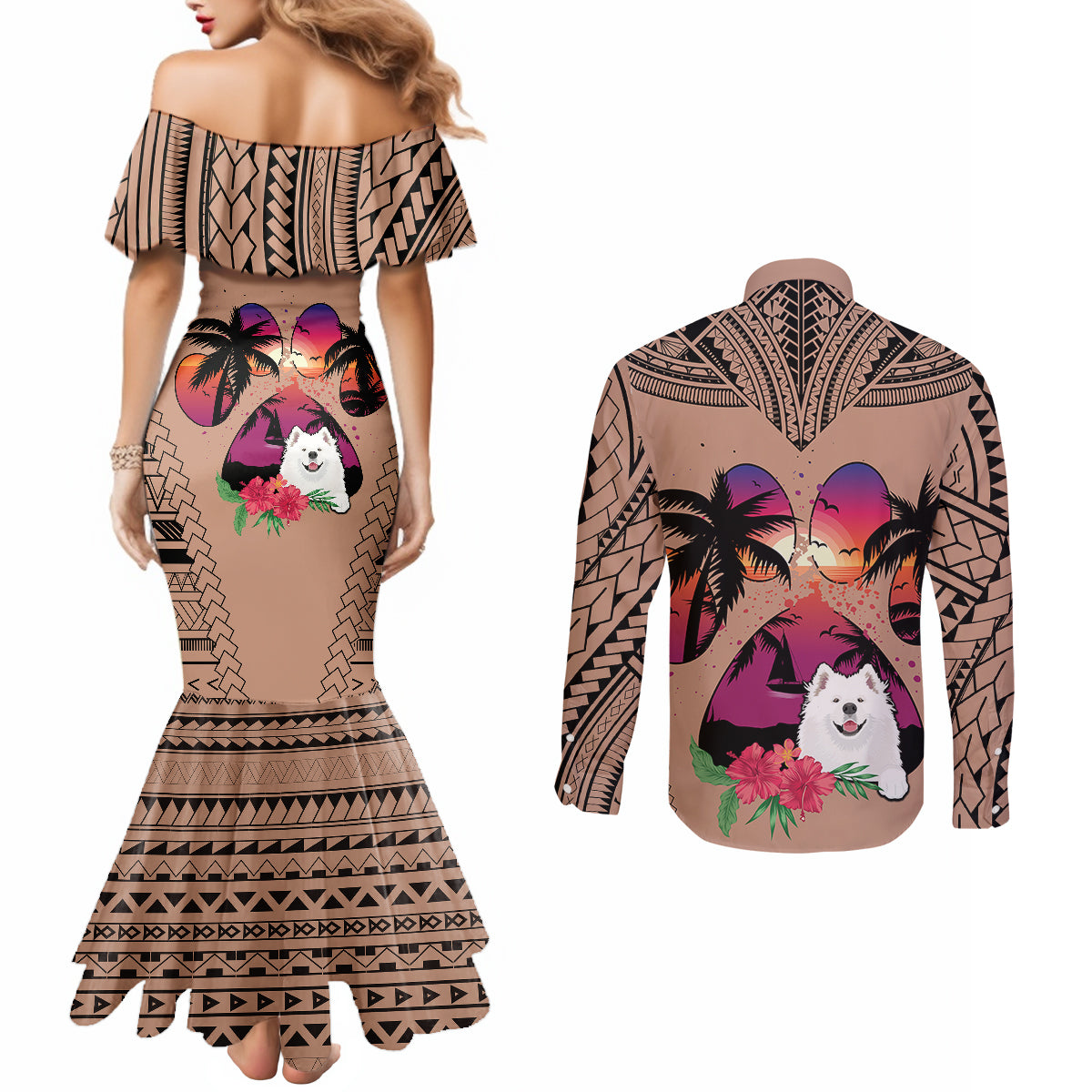 Polynesian Couples Matching Mermaid Dress and Long Sleeve Button Shirts Dog Lover With Samoyed - Sunset At The Beach Brown Ver LT7 - Polynesian Pride