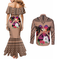 Polynesian Couples Matching Mermaid Dress and Long Sleeve Button Shirts Dog Lover With Samoyed - Sunset At The Beach Brown Ver LT7 - Polynesian Pride