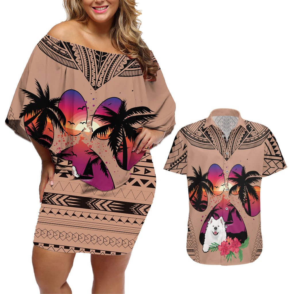 Polynesian Couples Matching Off Shoulder Short Dress and Hawaiian Shirt Dog Lover With Samoyed - Sunset At The Beach Brown Ver LT7 Brown - Polynesian Pride