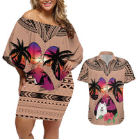 Polynesian Couples Matching Off Shoulder Short Dress and Hawaiian Shirt Dog Lover With Samoyed - Sunset At The Beach Brown Ver LT7 Brown - Polynesian Pride