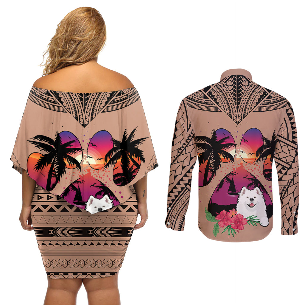 Polynesian Couples Matching Off Shoulder Short Dress and Long Sleeve Button Shirts Dog Lover With Samoyed - Sunset At The Beach Brown Ver LT7 - Polynesian Pride