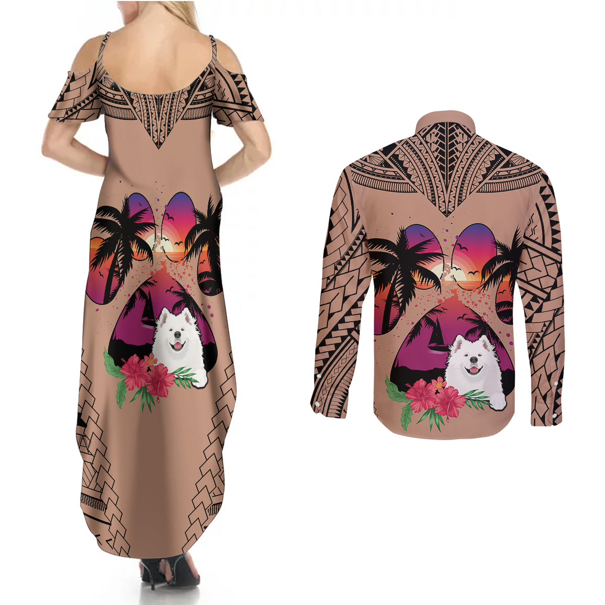 Polynesian Couples Matching Summer Maxi Dress and Long Sleeve Button Shirts Dog Lover With Samoyed - Sunset At The Beach Brown Ver LT7 - Polynesian Pride