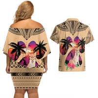 Polynesian Couples Matching Off Shoulder Short Dress and Hawaiian Shirt Dog Lover With Shiba Inu - Sunset At The Beach LT7 - Polynesian Pride