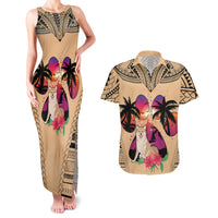 Polynesian Couples Matching Tank Maxi Dress and Hawaiian Shirt Dog Lover With Shiba Inu - Sunset At The Beach LT7 Coral - Polynesian Pride