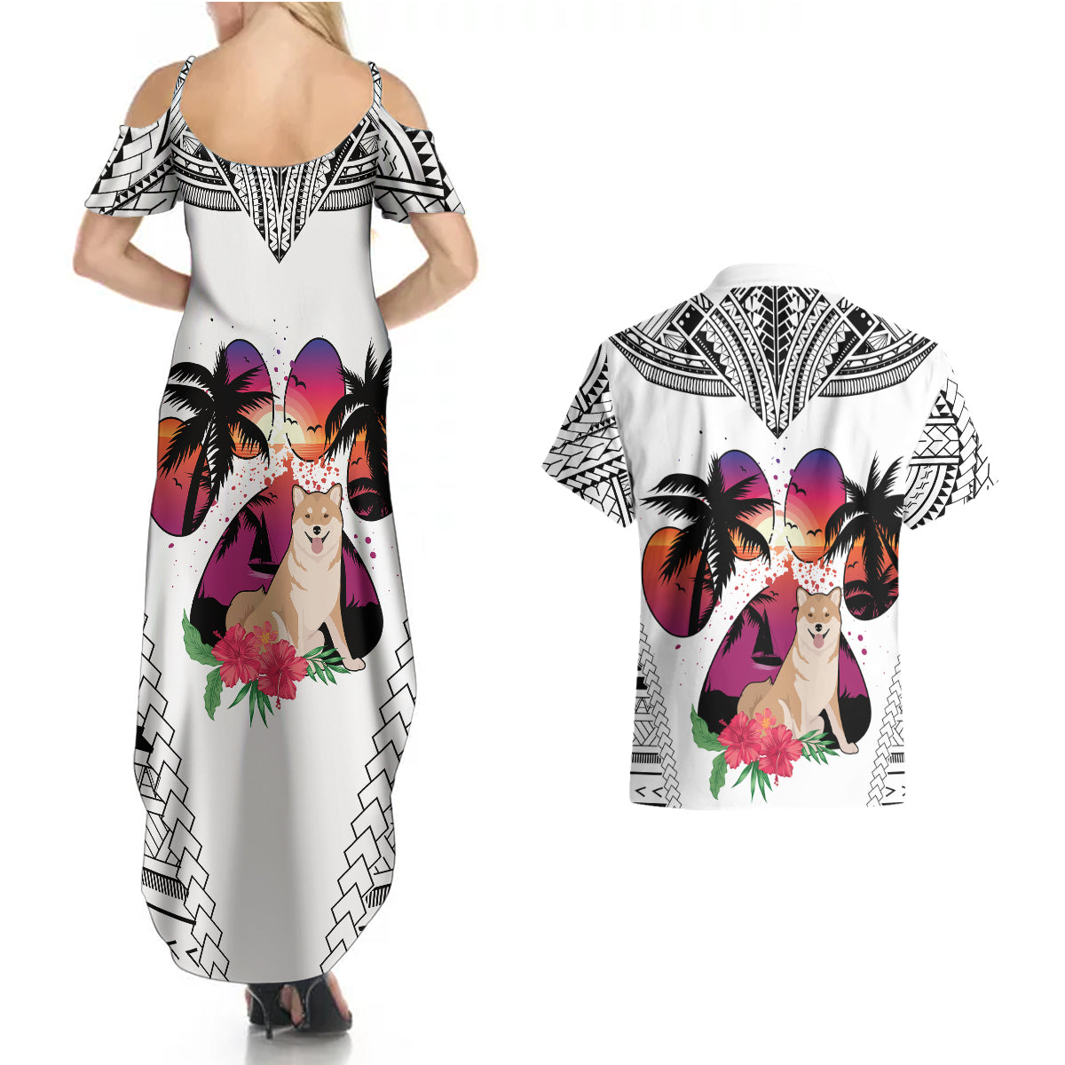 Polynesian Couples Matching Summer Maxi Dress and Hawaiian Shirt Dog Lover With Shiba Inu - Sunset At The Beach White Ver LT7 - Polynesian Pride