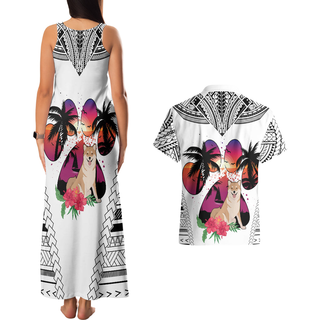Polynesian Couples Matching Tank Maxi Dress and Hawaiian Shirt Dog Lover With Shiba Inu - Sunset At The Beach White Ver LT7 - Polynesian Pride