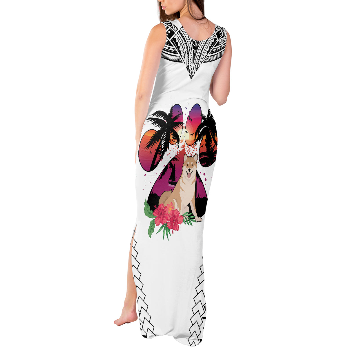 Polynesian Tank Maxi Dress Dog Lover With Shiba Inu - Sunset At The Beach White Ver LT7 - Polynesian Pride