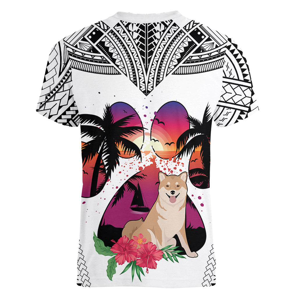 Polynesian Women V Neck T Shirt Dog Lover With Shiba Inu - Sunset At The Beach White Ver LT7 - Polynesian Pride