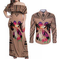 Polynesian Couples Matching Off Shoulder Maxi Dress and Long Sleeve Button Shirts Dog Lover With Shiba Inu - Sunset At The Beach Brown Ver LT7 Brown - Polynesian Pride