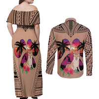 Polynesian Couples Matching Off Shoulder Maxi Dress and Long Sleeve Button Shirts Dog Lover With Shiba Inu - Sunset At The Beach Brown Ver LT7 - Polynesian Pride