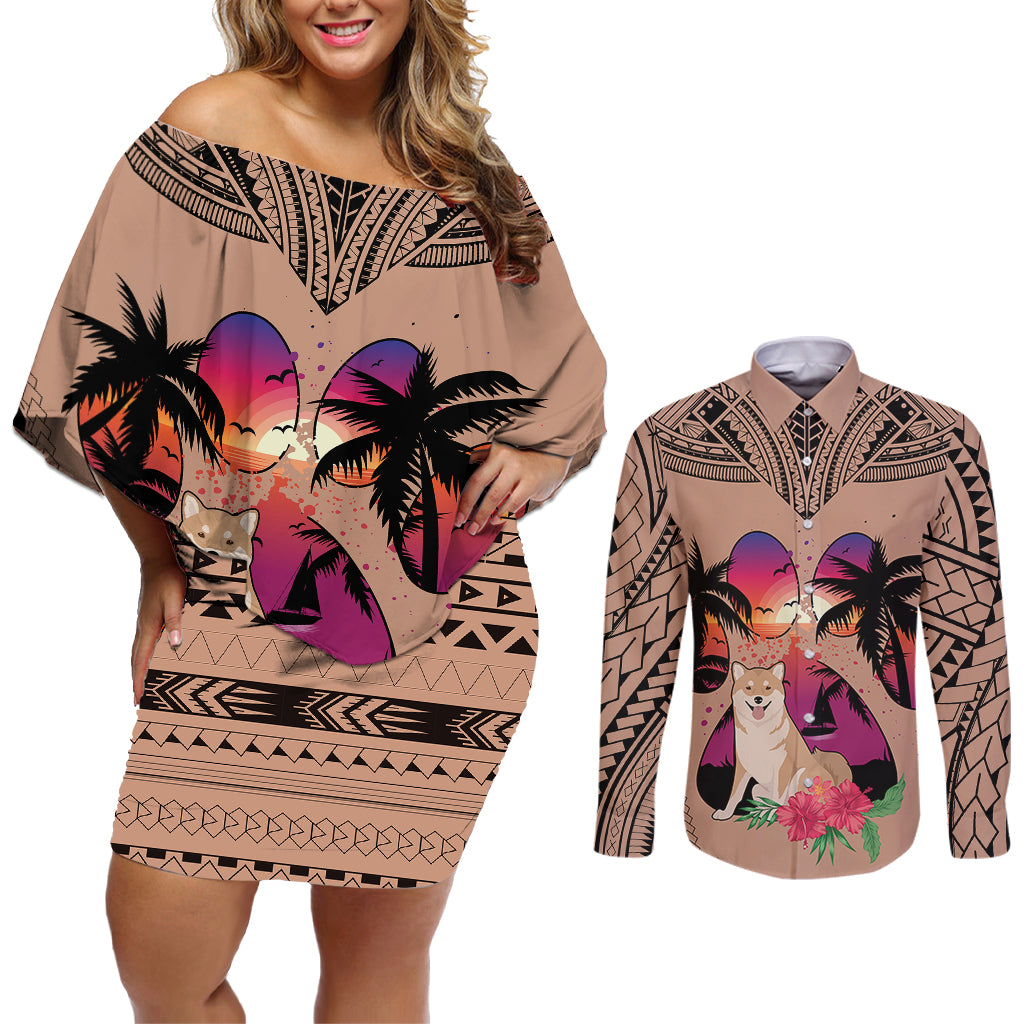 Polynesian Couples Matching Off Shoulder Short Dress and Long Sleeve Button Shirts Dog Lover With Shiba Inu - Sunset At The Beach Brown Ver LT7 Brown - Polynesian Pride