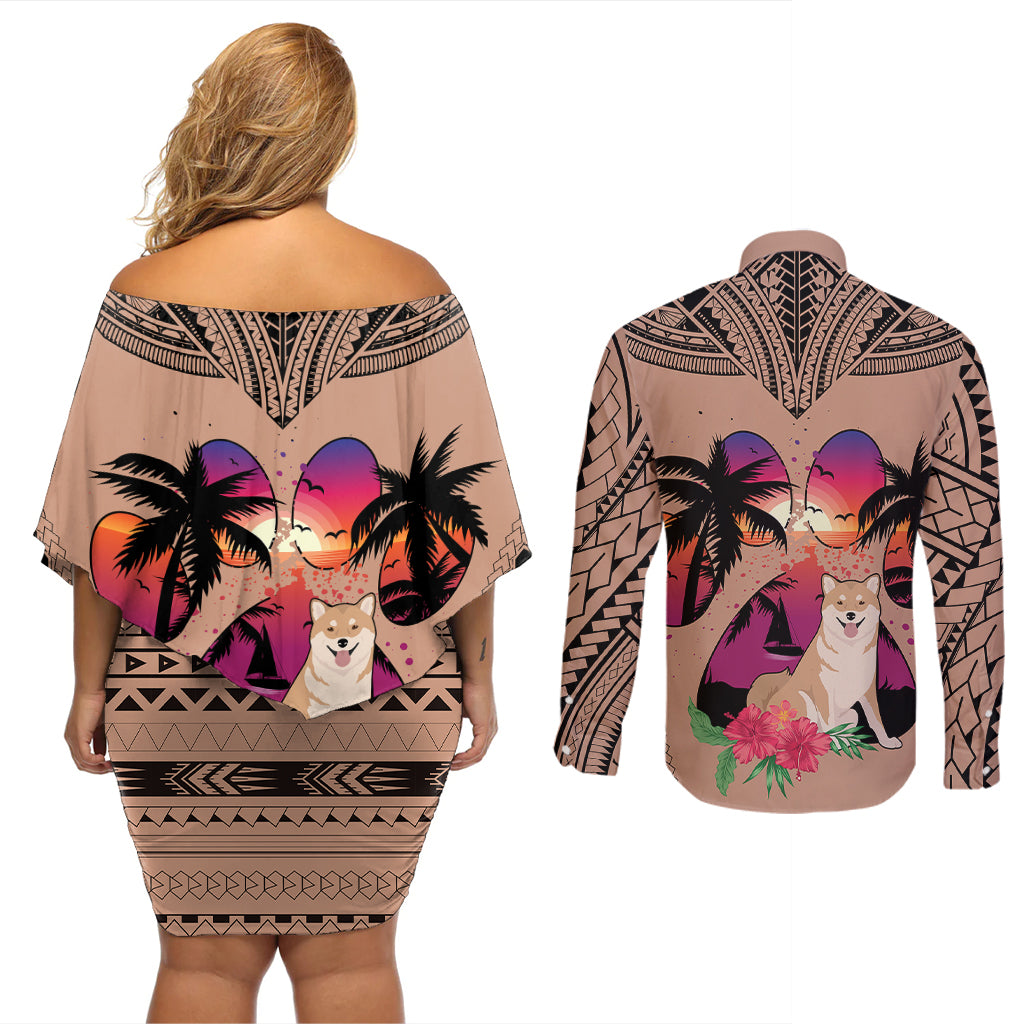 Polynesian Couples Matching Off Shoulder Short Dress and Long Sleeve Button Shirts Dog Lover With Shiba Inu - Sunset At The Beach Brown Ver LT7 - Polynesian Pride