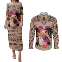 Polynesian Couples Matching Puletasi Dress and Long Sleeve Button Shirts Dog Lover With Shiba Inu - Sunset At The Beach Brown Ver LT7 Brown - Polynesian Pride