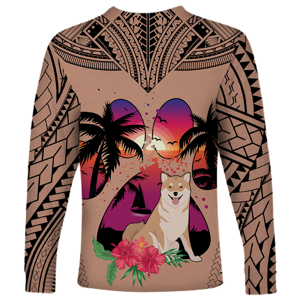 Polynesian Long Sleeve Shirt Dog Lover With Shiba Inu - Sunset At The Beach Brown Ver LT7 - Polynesian Pride