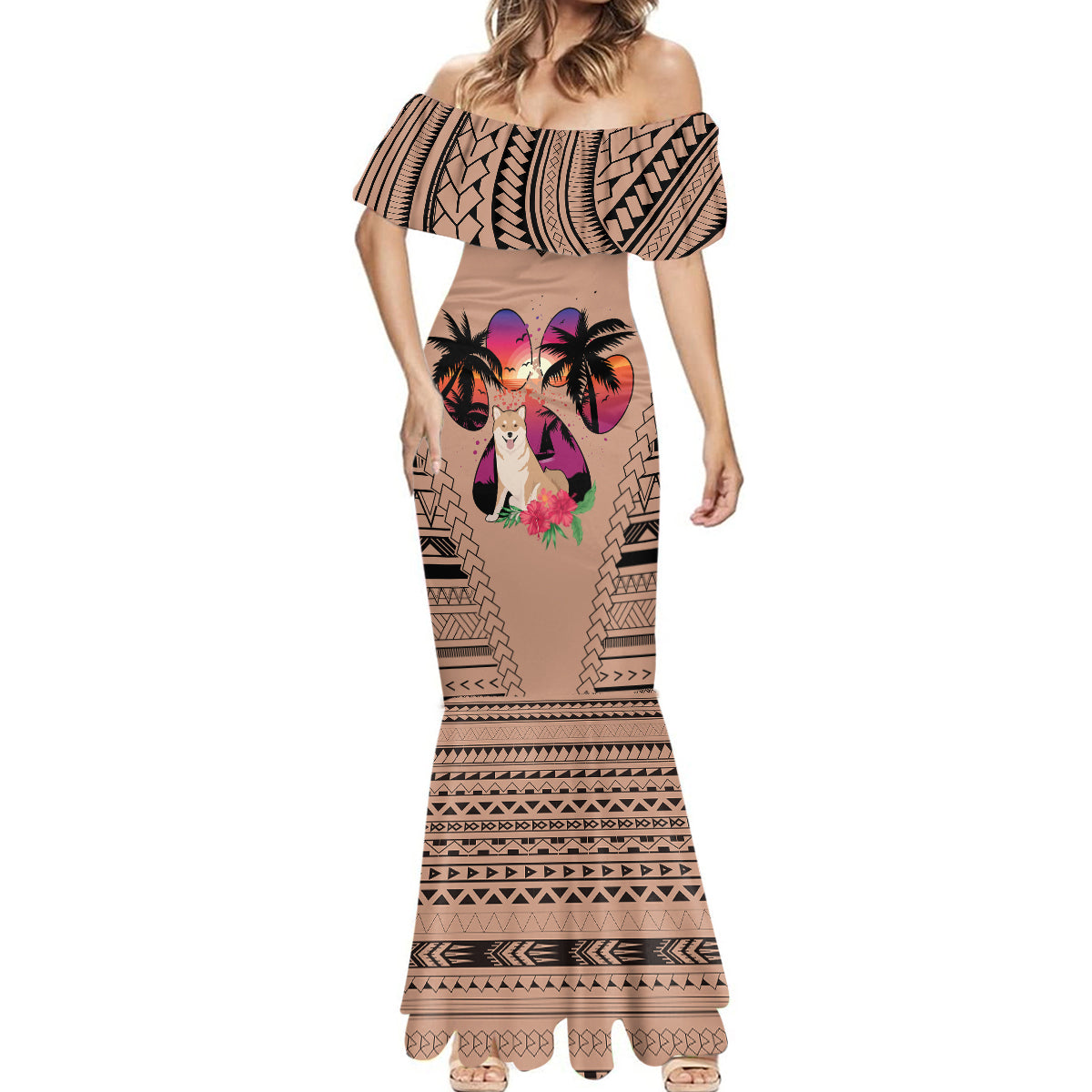 Polynesian Mermaid Dress Dog Lover With Shiba Inu - Sunset At The Beach Brown Ver LT7 - Polynesian Pride