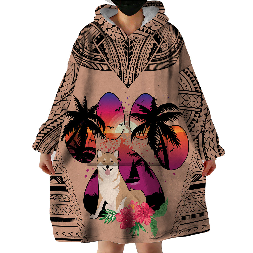Polynesian Wearable Blanket Hoodie Dog Lover With Shiba Inu - Sunset At The Beach Brown Ver LT7 - Polynesian Pride