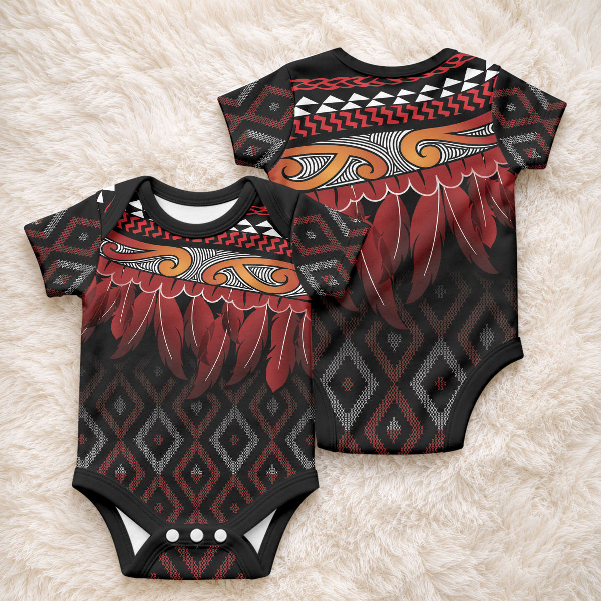 Aotearoa Maori Ngapuhi Iwi Baby Onesie Korowai Tukutuku Kaokao Motifs