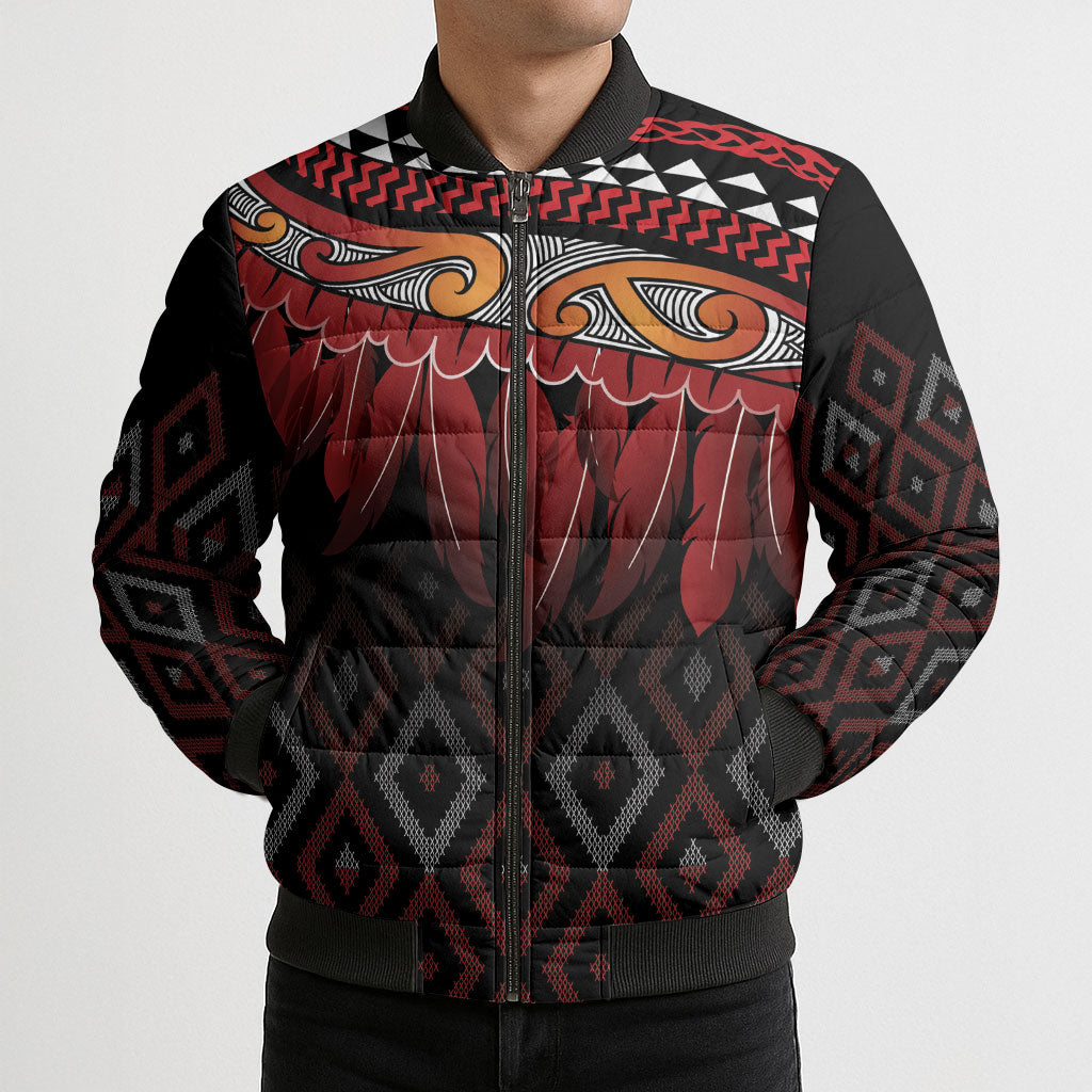Aotearoa Maori Ngapuhi Iwi Bomber Puffer Jacket Korowai Tukutuku Kaokao Motifs