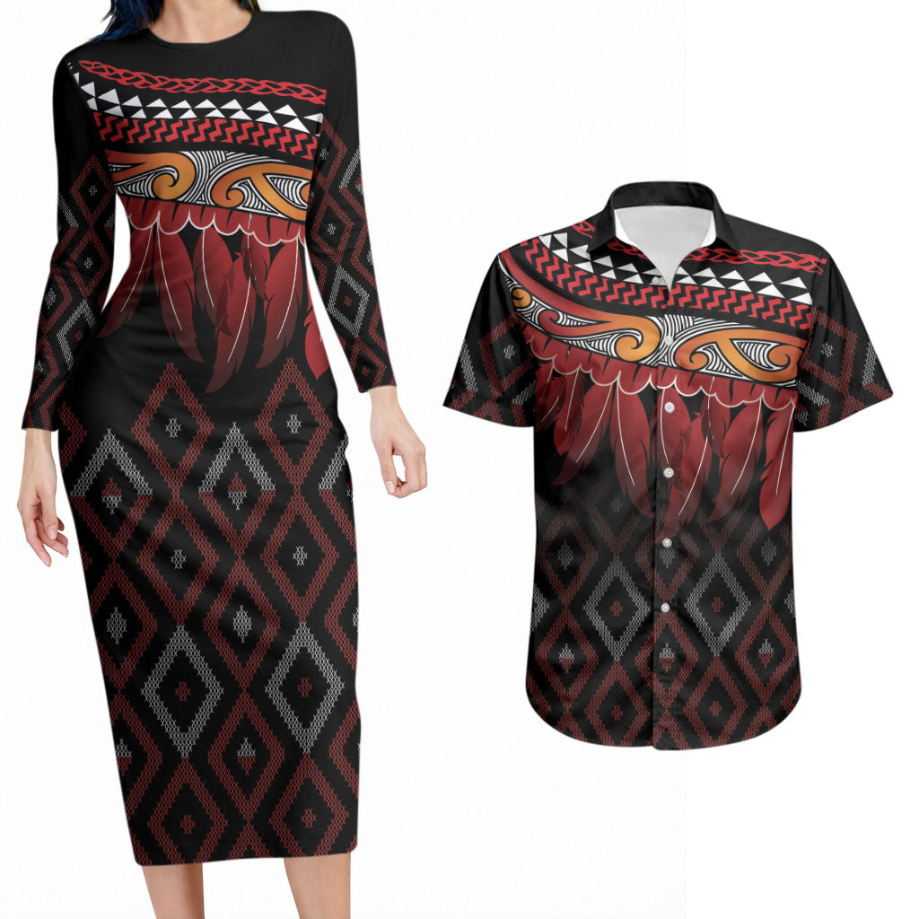 Aotearoa Maori Ngapuhi Iwi Couples Matching Long Sleeve Bodycon Dress and Hawaiian Shirt Korowai Tukutuku Kaokao Motifs