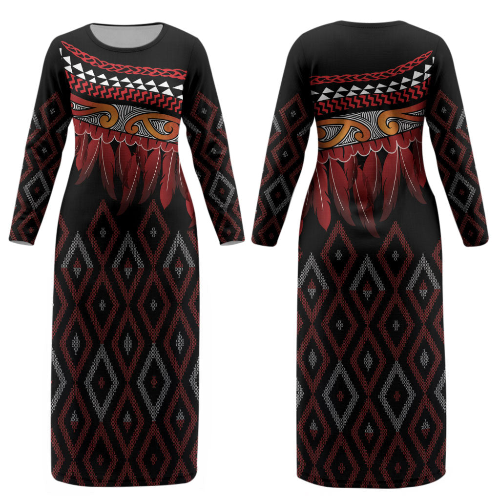Aotearoa Maori Ngapuhi Iwi Couples Matching Long Sleeve Bodycon Dress and Long Sleeve Button Shirt Korowai Tukutuku Kaokao Motifs