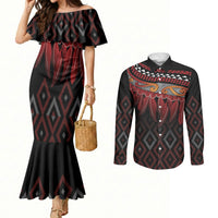 Aotearoa Maori Ngapuhi Iwi Couples Matching Mermaid Dress and Long Sleeve Button Shirt Korowai Tukutuku Kaokao Motifs