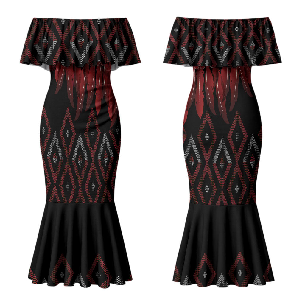 Aotearoa Maori Ngapuhi Iwi Couples Matching Mermaid Dress and Long Sleeve Button Shirt Korowai Tukutuku Kaokao Motifs