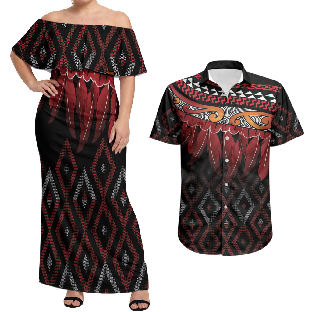 Aotearoa Maori Ngapuhi Iwi Couples Matching Off Shoulder Maxi Dress and Hawaiian Shirt Korowai Tukutuku Kaokao Motifs