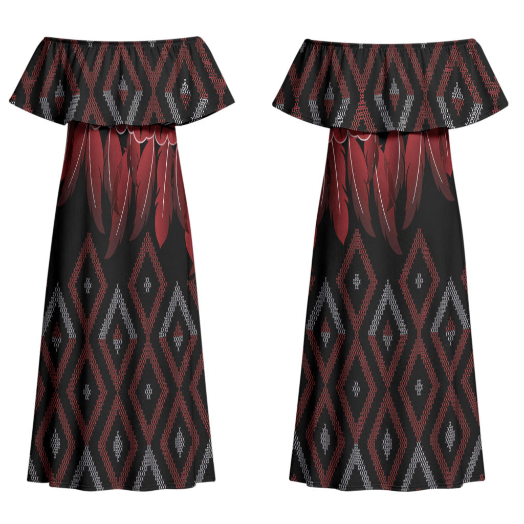 Aotearoa Maori Ngapuhi Iwi Couples Matching Off Shoulder Maxi Dress and Long Sleeve Button Shirt Korowai Tukutuku Kaokao Motifs