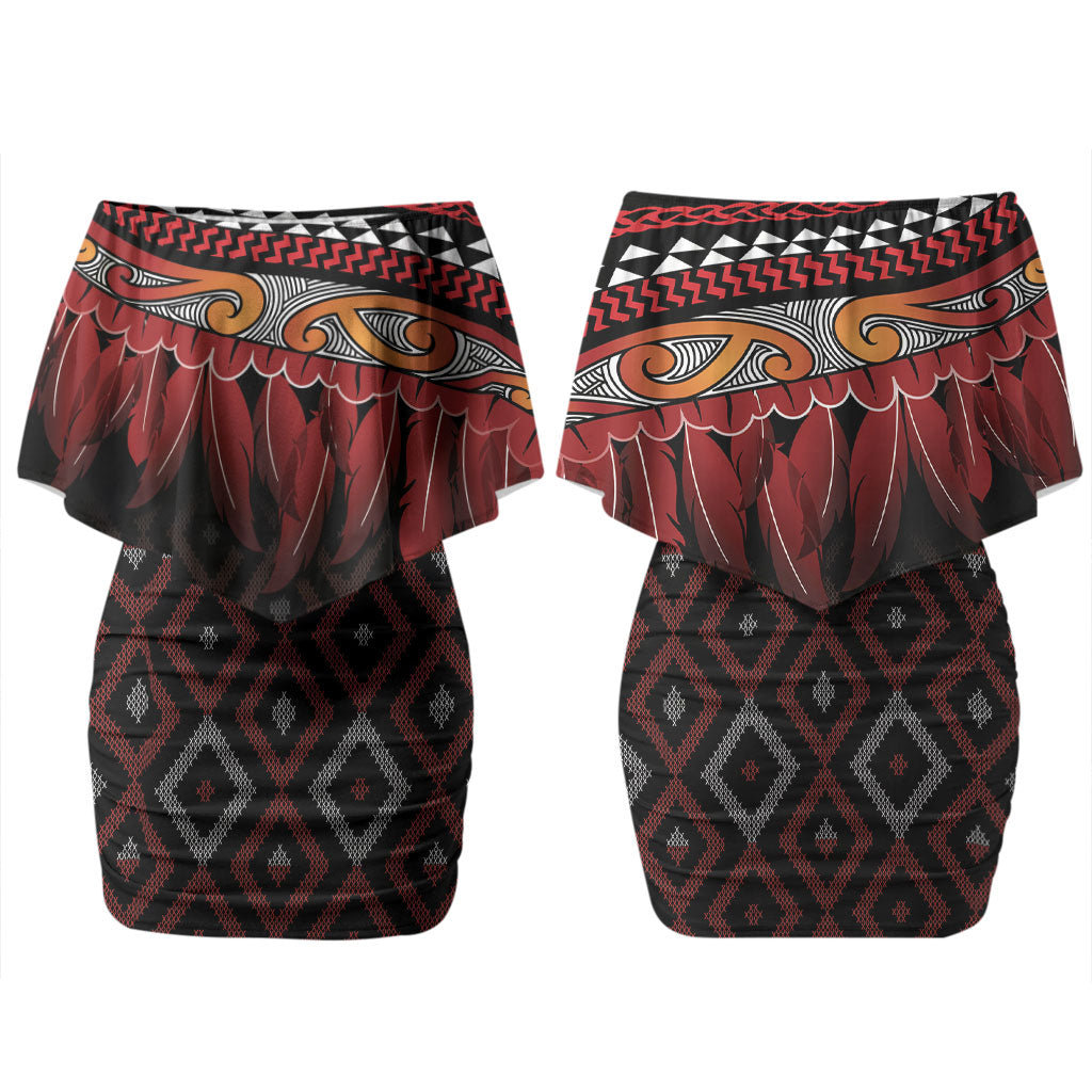 Aotearoa Maori Ngapuhi Iwi Couples Matching Off Shoulder Short Dress and Hawaiian Shirt Korowai Tukutuku Kaokao Motifs