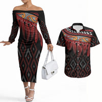 Aotearoa Maori Ngapuhi Iwi Couples Matching Off The Shoulder Long Sleeve Dress and Hawaiian Shirt Korowai Tukutuku Kaokao Motifs