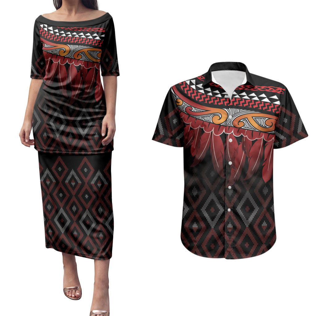 Aotearoa Maori Ngapuhi Iwi Couples Matching Puletasi and Hawaiian Shirt Korowai Tukutuku Kaokao Motifs
