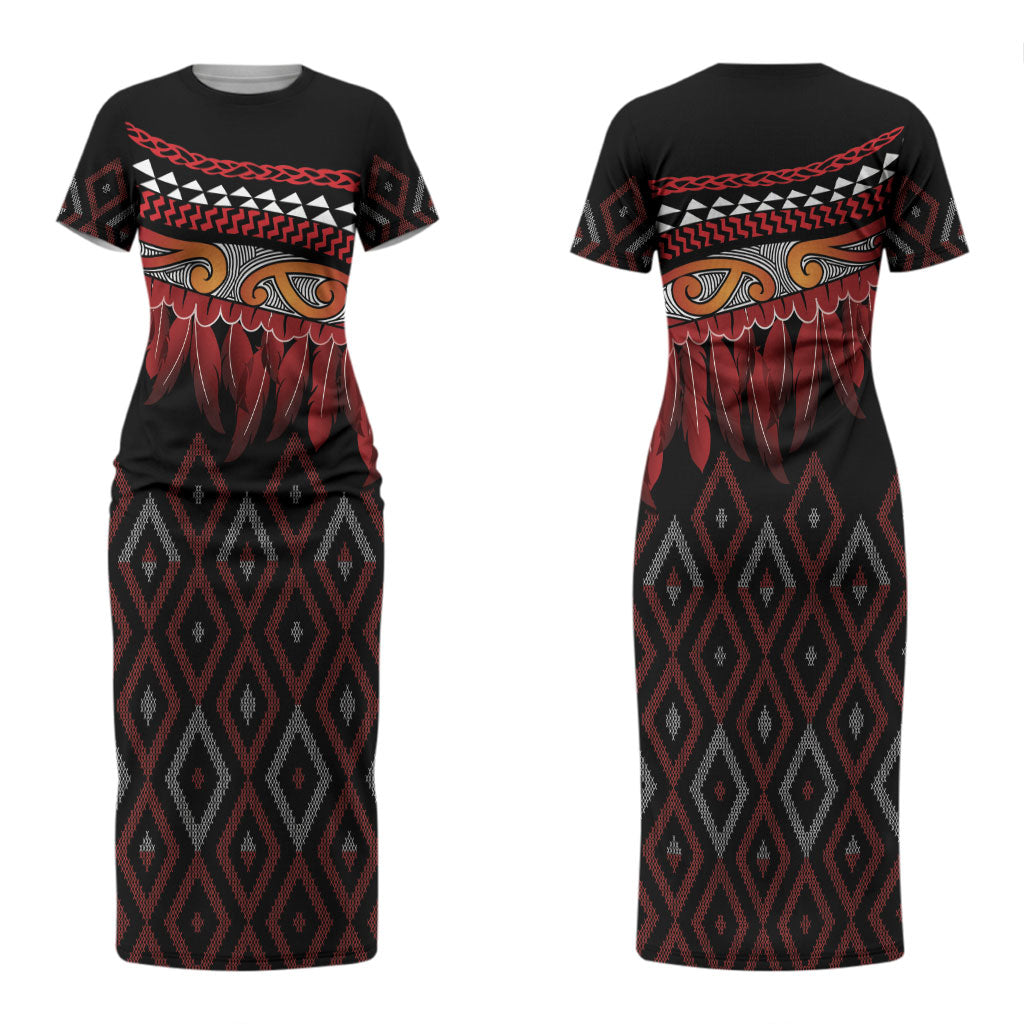Aotearoa Maori Ngapuhi Iwi Couples Matching Short Sleeve Bodycon Dress and Hawaiian Shirt Korowai Tukutuku Kaokao Motifs