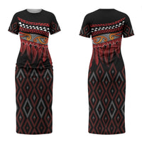Aotearoa Maori Ngapuhi Iwi Couples Matching Short Sleeve Bodycon Dress and Hawaiian Shirt Korowai Tukutuku Kaokao Motifs