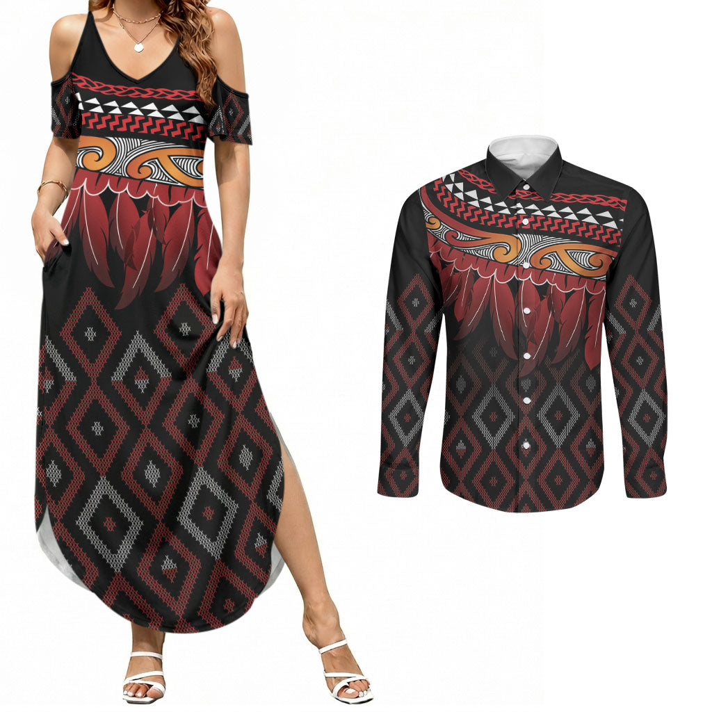 Aotearoa Maori Ngapuhi Iwi Couples Matching Summer Maxi Dress and Long Sleeve Button Shirt Korowai Tukutuku Kaokao Motifs