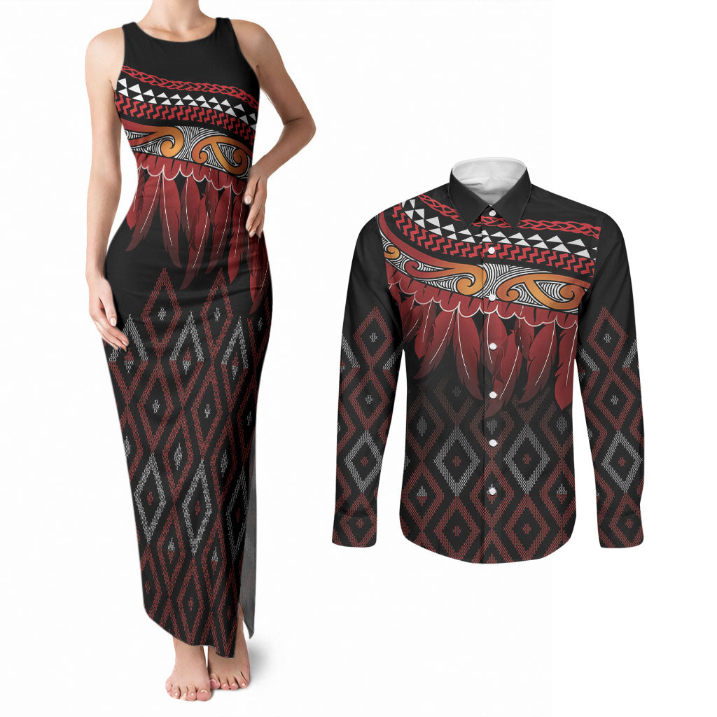 Aotearoa Maori Ngapuhi Iwi Couples Matching Tank Maxi Dress and Long Sleeve Button Shirt Korowai Tukutuku Kaokao Motifs