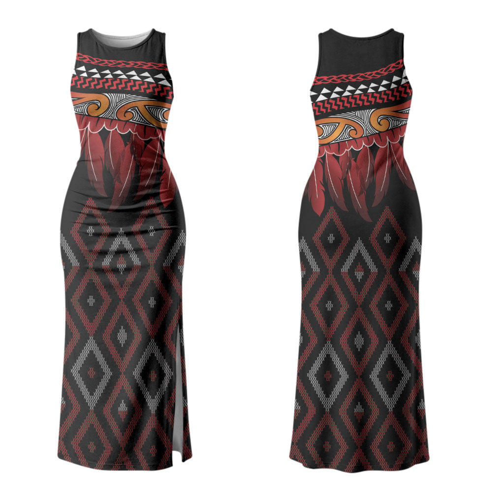 Aotearoa Maori Ngapuhi Iwi Couples Matching Tank Maxi Dress and Long Sleeve Button Shirt Korowai Tukutuku Kaokao Motifs