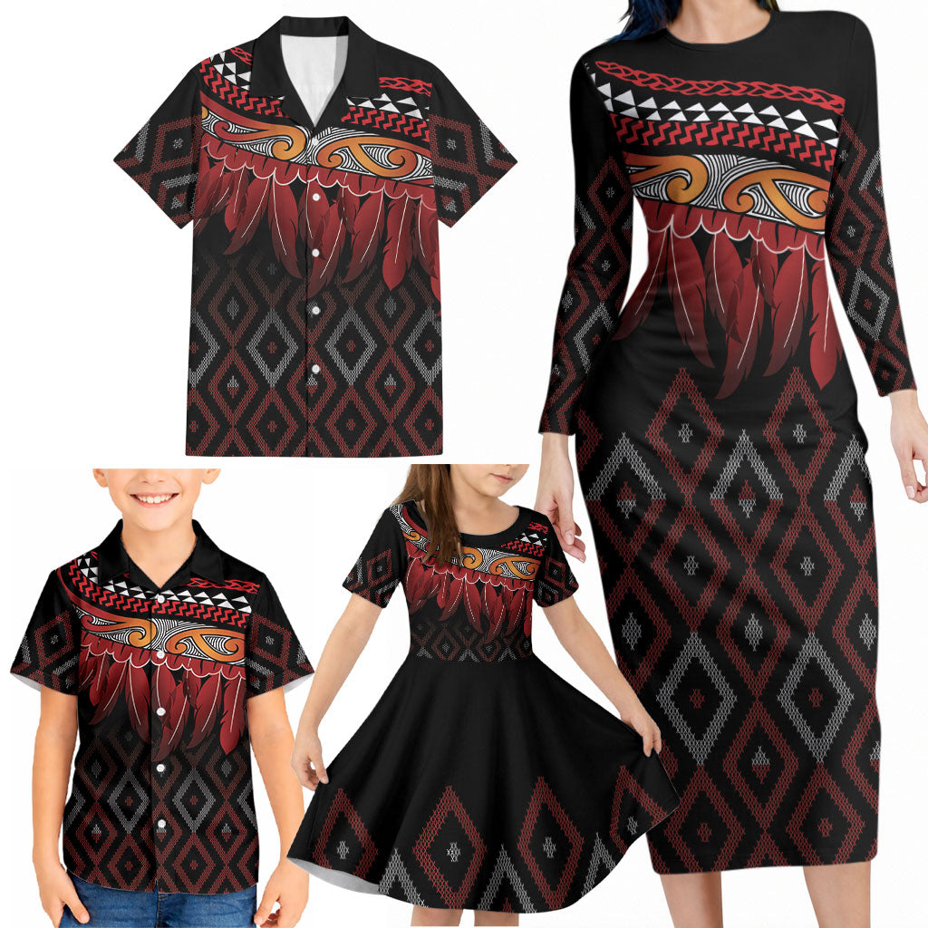 Aotearoa Maori Ngapuhi Iwi Family Matching Long Sleeve Bodycon Dress and Hawaiian Shirt Korowai Tukutuku Kaokao Motifs