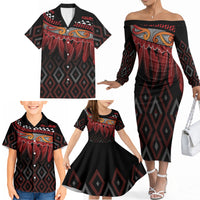 Aotearoa Maori Ngapuhi Iwi Family Matching Off The Shoulder Long Sleeve Dress and Hawaiian Shirt Korowai Tukutuku Kaokao Motifs