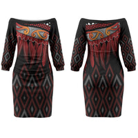 Aotearoa Maori Ngapuhi Iwi Family Matching Off The Shoulder Long Sleeve Dress and Hawaiian Shirt Korowai Tukutuku Kaokao Motifs