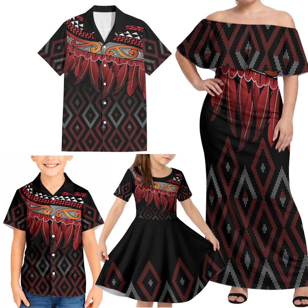 Aotearoa Maori Ngapuhi Iwi Family Matching Off Shoulder Maxi Dress and Hawaiian Shirt Korowai Tukutuku Kaokao Motifs