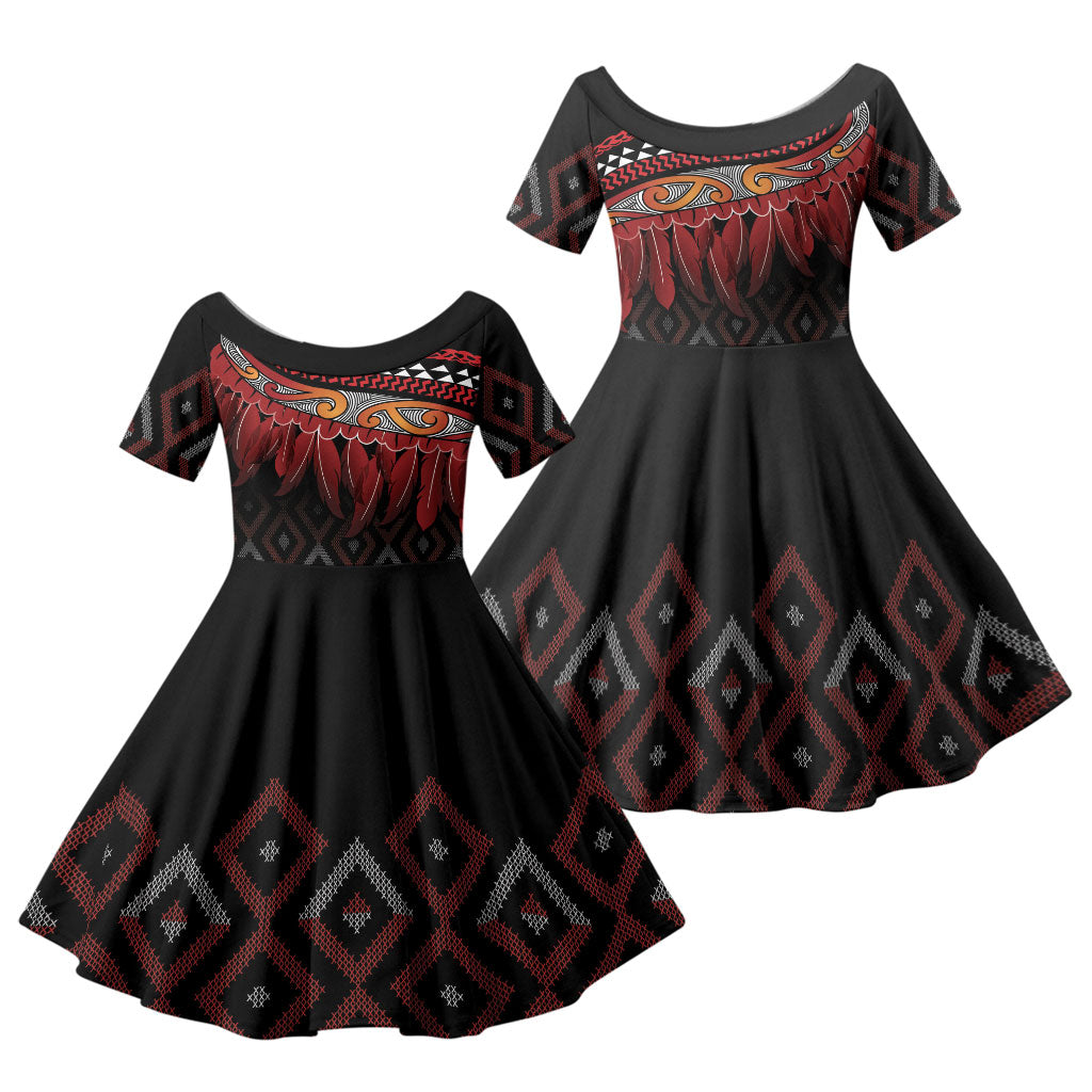 Aotearoa Maori Ngapuhi Iwi Family Matching Off Shoulder Maxi Dress and Hawaiian Shirt Korowai Tukutuku Kaokao Motifs