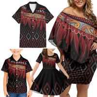 Aotearoa Maori Ngapuhi Iwi Family Matching Off Shoulder Short Dress and Hawaiian Shirt Korowai Tukutuku Kaokao Motifs