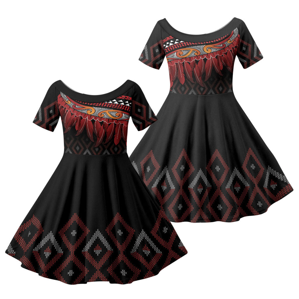 Aotearoa Maori Ngapuhi Iwi Family Matching Off Shoulder Short Dress and Hawaiian Shirt Korowai Tukutuku Kaokao Motifs