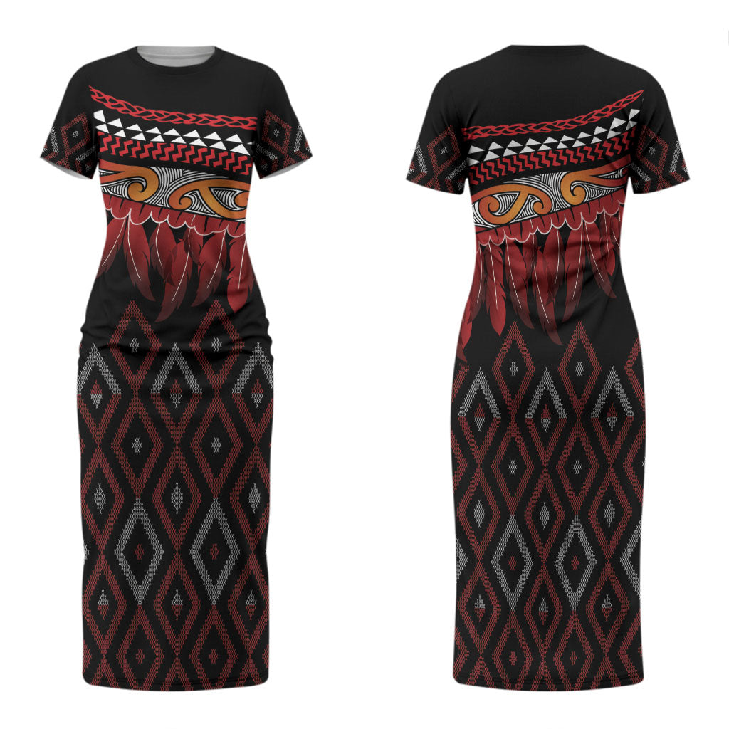 Aotearoa Maori Ngapuhi Iwi Family Matching Short Sleeve Bodycon Dress and Hawaiian Shirt Korowai Tukutuku Kaokao Motifs