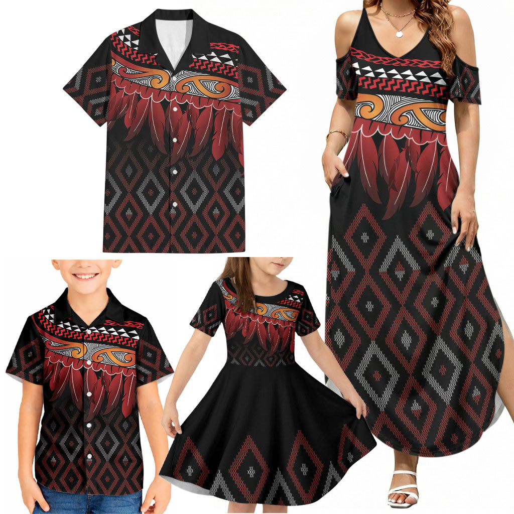 Aotearoa Maori Ngapuhi Iwi Family Matching Summer Maxi Dress and Hawaiian Shirt Korowai Tukutuku Kaokao Motifs