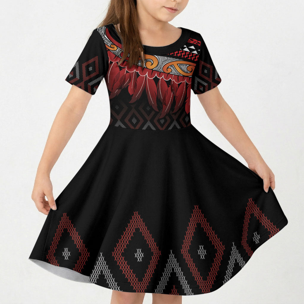 Aotearoa Maori Ngapuhi Iwi Kid Short Sleeve Dress Korowai Tukutuku Kaokao Motifs