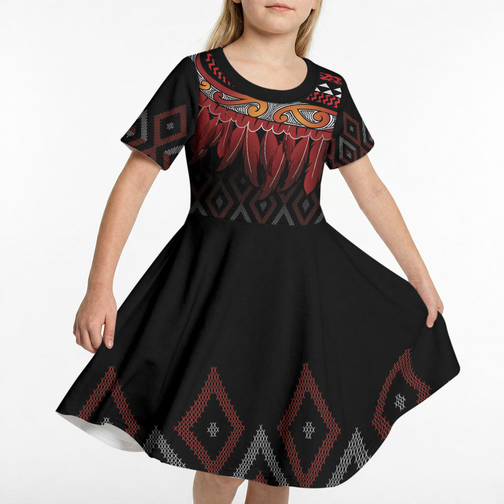 Aotearoa Maori Ngapuhi Iwi Kid Short Sleeve Dress Korowai Tukutuku Kaokao Motifs