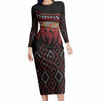 Aotearoa Maori Ngapuhi Iwi Long Sleeve Bodycon Dress Korowai Tukutuku Kaokao Motifs
