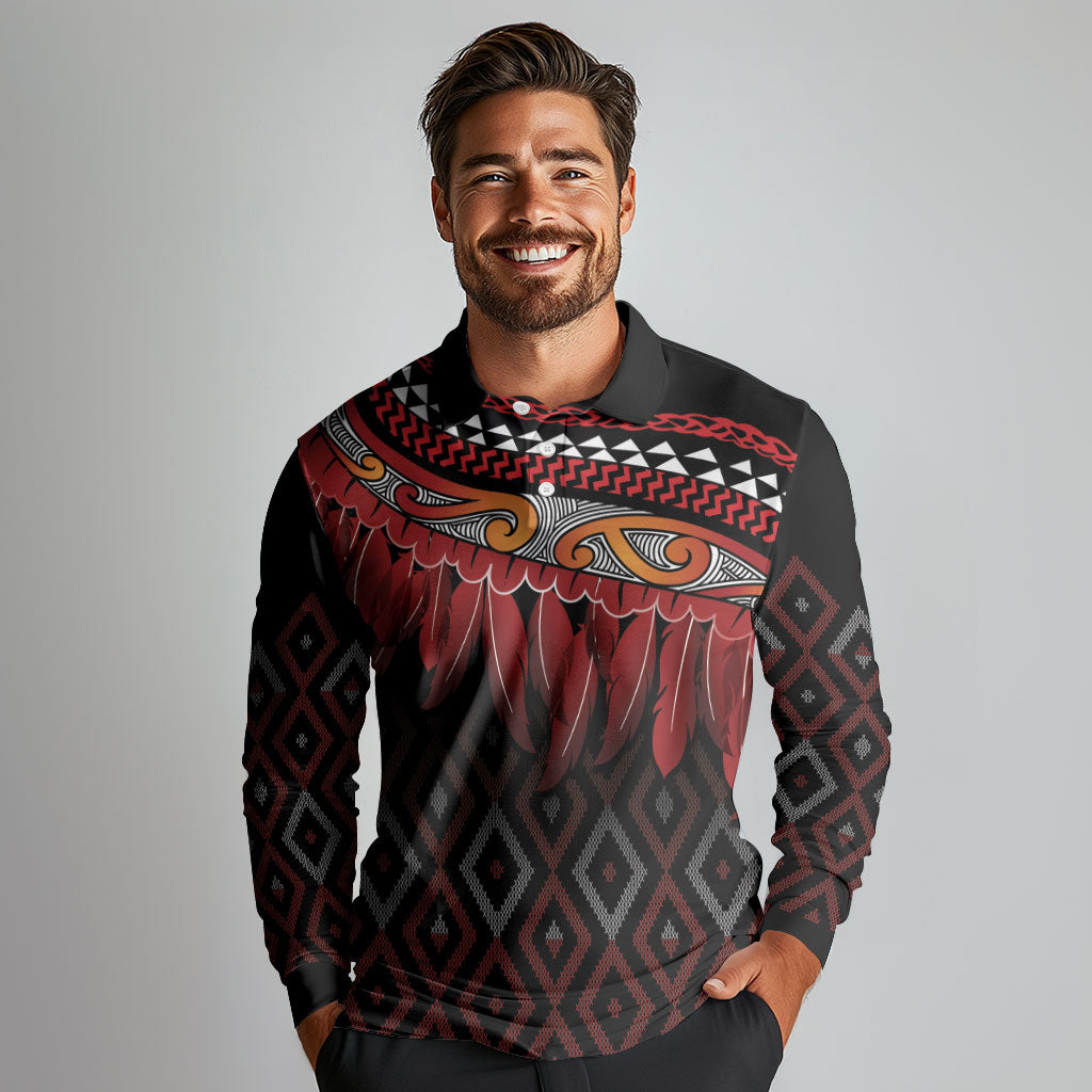 Aotearoa Maori Ngapuhi Iwi Long Sleeve Polo Shirt Korowai Tukutuku Kaokao Motifs